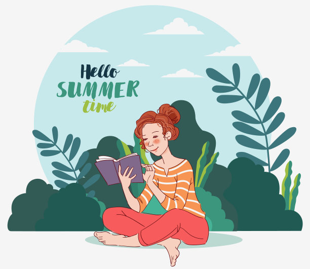 可爱的年轻女子在花园里看书。自然景观背景。暑假插图。休假时间图片下载