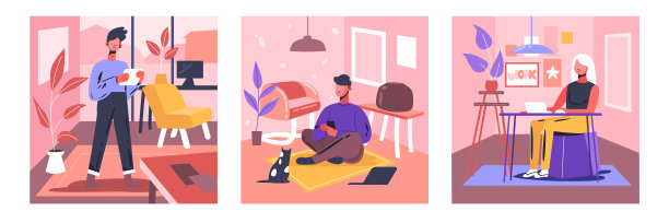 收集自由职业者家庭办公室工作场所。图片下载