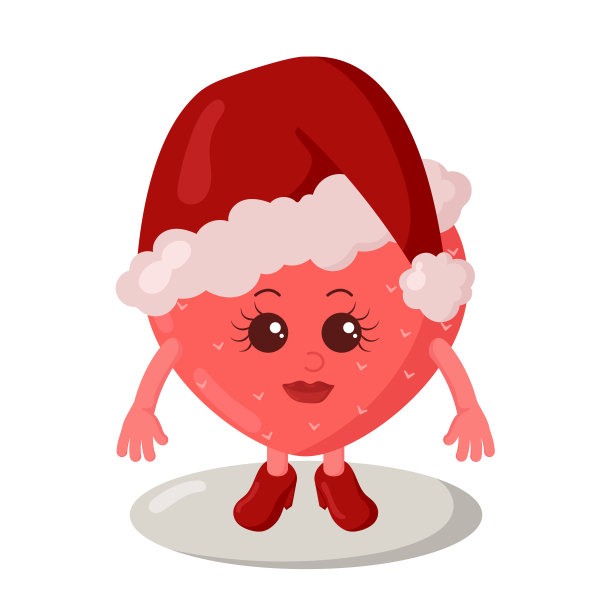有趣的微笑可爱的卡哇伊草莓女孩高跟鞋和圣诞帽。图片下载