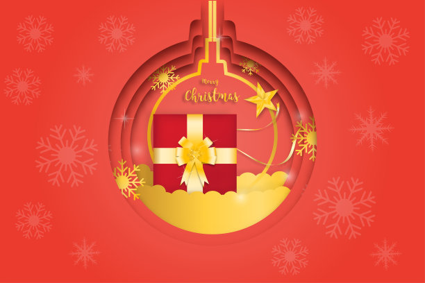 圣诞礼物和彩带，红色背景上的雪花和装饰品。图片下载