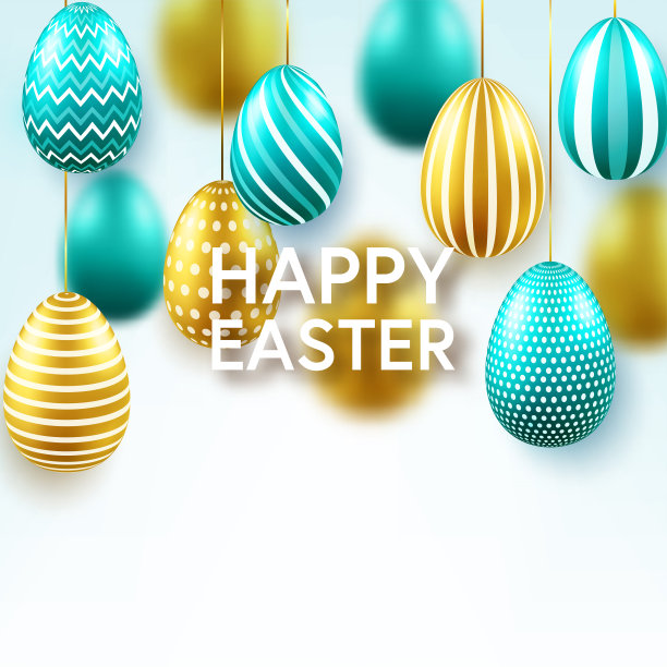 复活节用金色、绿色的蛋字书写问候。传统的春假在四月或三月。星期天。鸡蛋和黄金图片下载