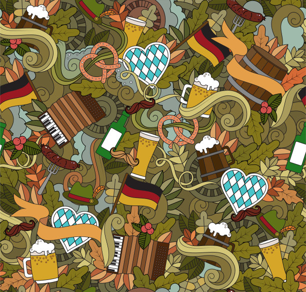 啤酒节卡通矢量手绘无缝涂鸦主题为啤酒节秋天的符号，食物和饮料无缝图案。彩色背景涂鸦海报图片下载