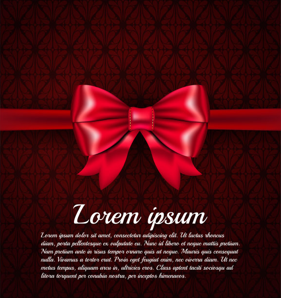 大红色丝带蝴蝶结上丰富的经典深色图案背景与地方为您的文本。VIP豪华红牌模板设计与华丽的背景和美丽的silc蝴蝶结。矢量图图片下载