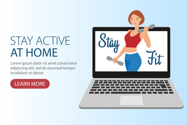 健身类的概念登陆页面模板。健身教练在笔记本电脑显示器上。保持体形。在家健身，在家训练。图片下载