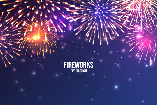 节日的烟花。逼真的彩色烟花在蓝色抽象的背景。五彩缤纷的爆炸。圣诞或新年贺卡。排灯节的彩灯。矢量图图片下载