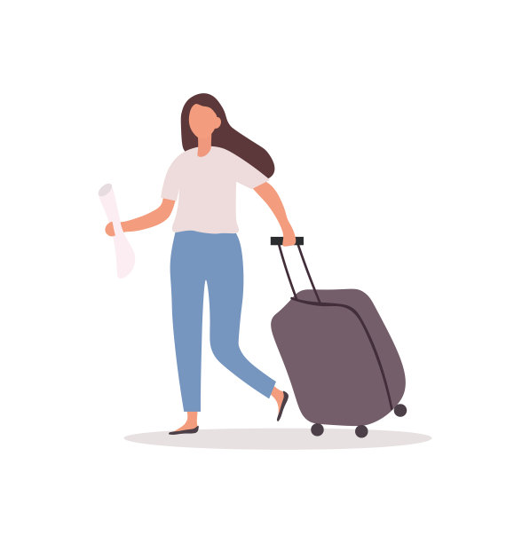 白人女孩，穿着白色t恤和蓝色牛仔裤，手里拿着行李和纸。图片下载