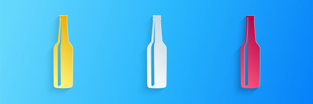 剪纸啤酒瓶图标孤立在蓝色背景。纸艺术风格。向量图片下载