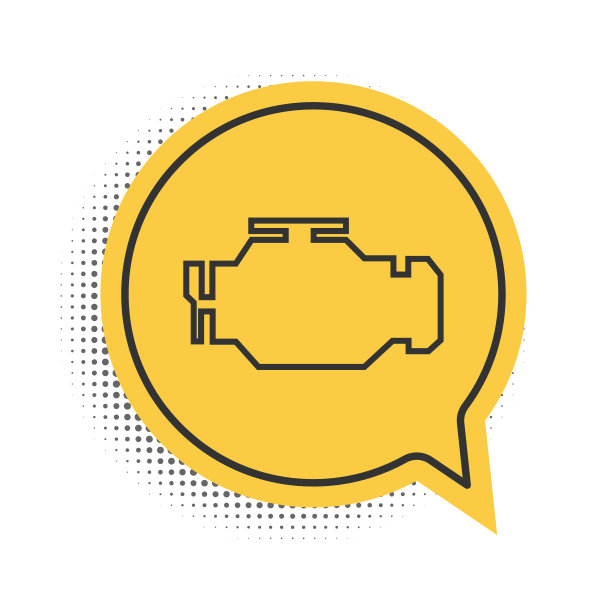 黑色检查引擎图标隔离在白色背景。黄色语音气泡符号。向量图片下载