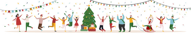 快乐的人们在圣诞和新年的公司聚会上。积极的男人和女人跳舞，玩得开心。现代向量字符的集合。图片下载