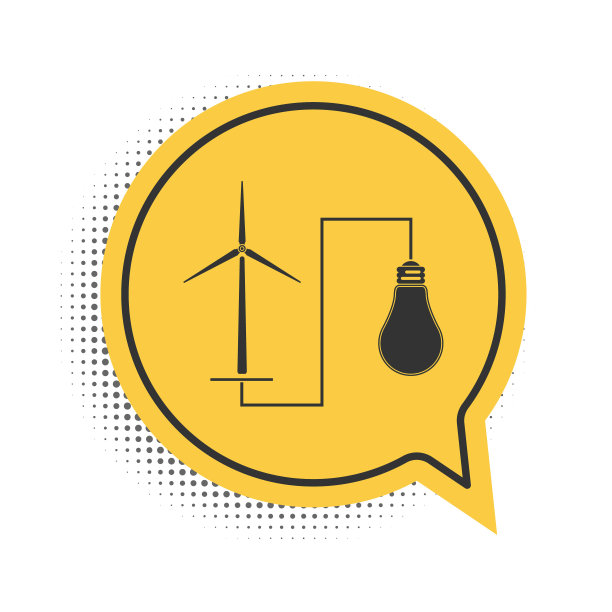 黑色风车涡轮机发电能源和灯泡图标孤立在白色背景。利用风力磨坊生产自然可再生能源。黄色语音气泡符号。向量图片下载