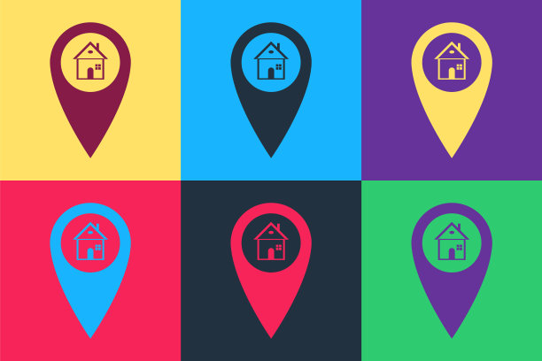 波普艺术地图指针与房子图标隔离在彩色背景。起始位置标记符号。向量图片下载