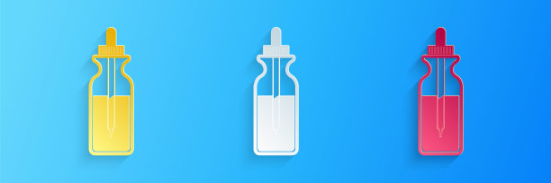 带吸管的玻璃瓶。瓶内装有移液管，盖子图标在蓝色背景上隔离。医疗和化妆品容器。纸艺术风格。向量图片下载