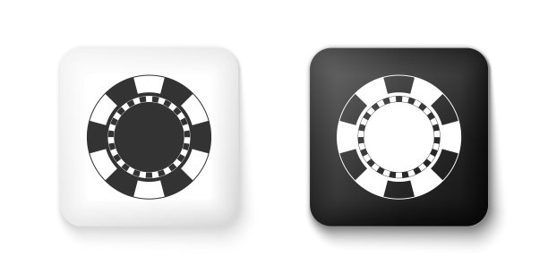 黑白赌场筹码图标孤立在白色背景上。方形按钮。向量图片下载