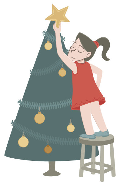 一个女孩把星星放在圣诞树上图片下载