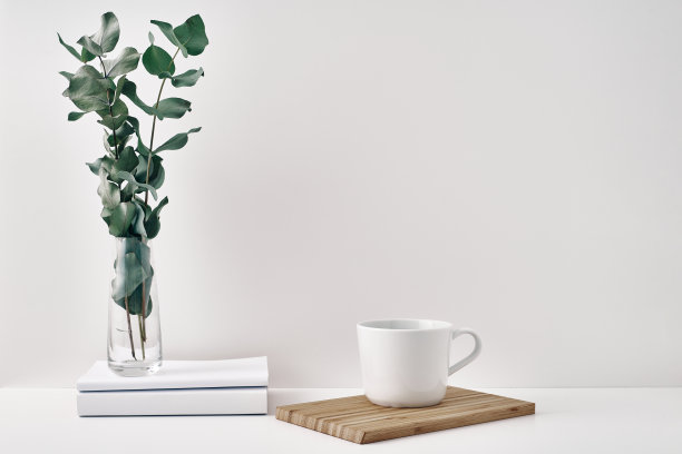 一个杯子，一堆书，一块木板和一个有桉树树枝的透明花瓶。室内装饰采用环保材料，极简主义。复制空间，模拟。图片下载