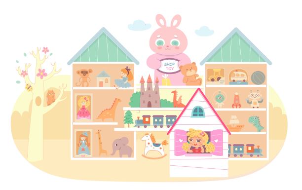 儿童玩具和礼品店。存储为儿童矢量插图。架子上有娃娃，球，熊，汽车，机器人，火车，城堡，有猫头鹰的树。快乐的女孩在房子的窗户图片下载