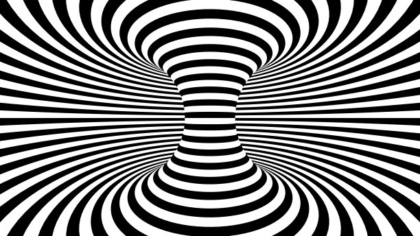 黑白扭曲的曲线构成环形水平背景，产生视错觉。3 d渲染图图片下载