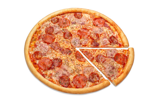 新鲜的意大利经典披萨，一片披萨，孤立在白色背景。图片下载