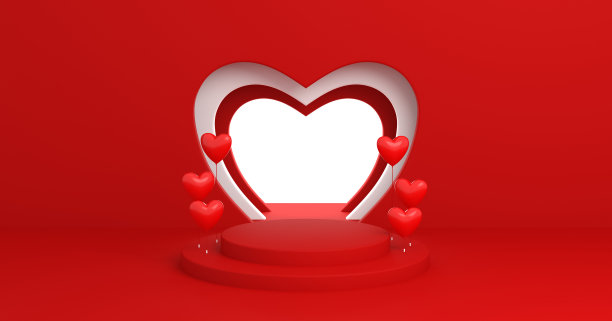 粉色领奖台与心为情人节- 3D渲染图片下载