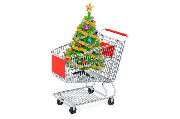 圣诞销售和购物概念。购物车里面有圣诞树。3D渲染孤立的白色背景图片下载