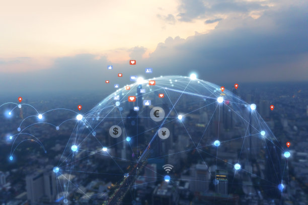 商业区和无线技术城市景观背景-全球世界网络和电信网络通信用图形图标多渠道在线图片下载