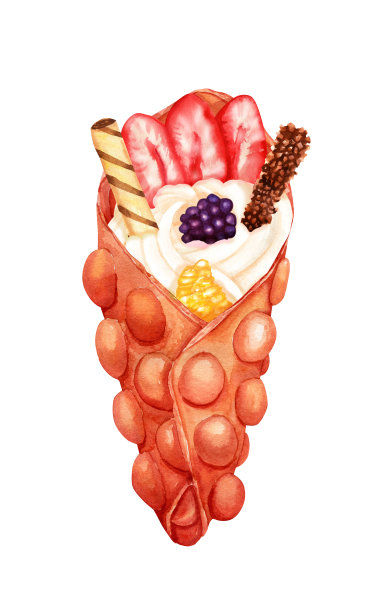 水彩甜草莓气泡华夫饼奶油和新鲜水果图片下载