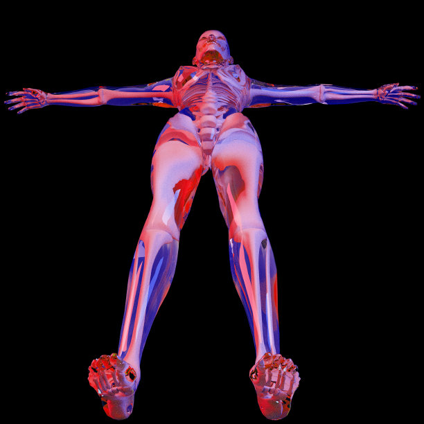 来自彩色女性身体姿势概念的三维渲染的抽象数字插图，未来派的骨头显示里面的头骨。图片下载