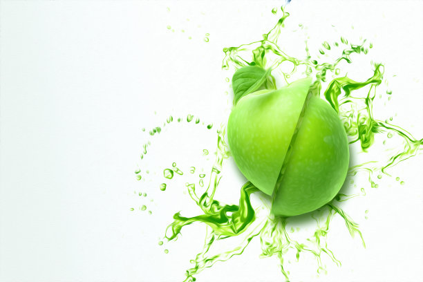 切片的绿苹果水果在一片生菜汁俯视图。概念为水果背景，食物，新鲜，广告牌，海报。3D插图，3D渲染。图片下载