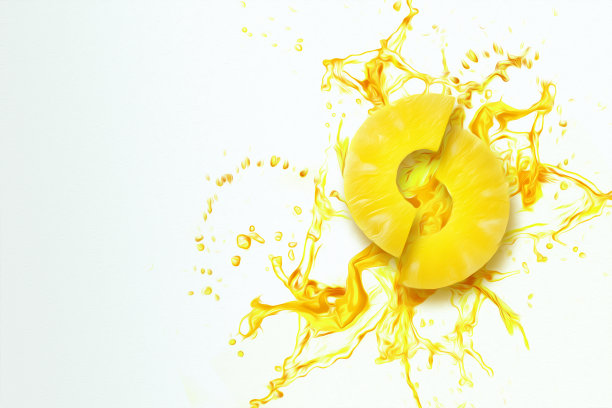 凤梨环上溅着黄色的果汁俯视图。概念为水果背景，食物，新鲜，广告牌，海报。3D插图，3D渲染。图片下载
