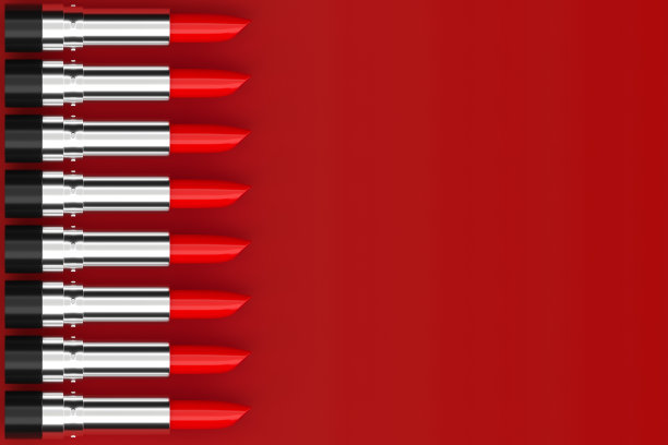 创造性的红色背景和红色口红在一排。3 d演示。迷人的配件。图片下载