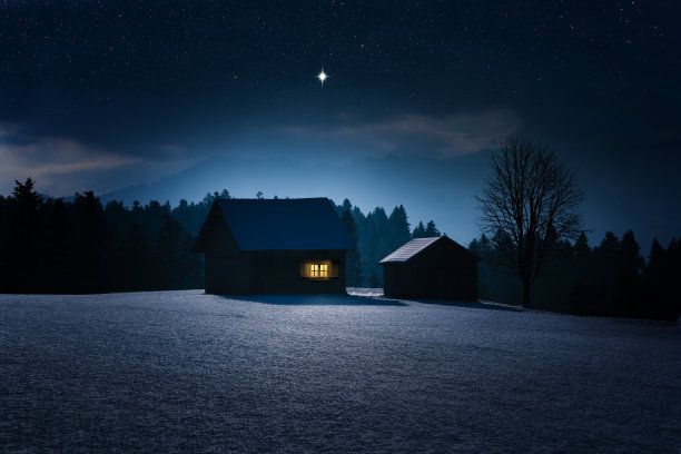 冬天的雪景里有一间孤零零的小木屋图片下载