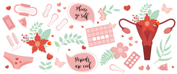 女性月经周期设定。收集女性生殖系统、卫生巾、卫生棉条、花后、月经日历等图标贴纸。矢量图图片下载