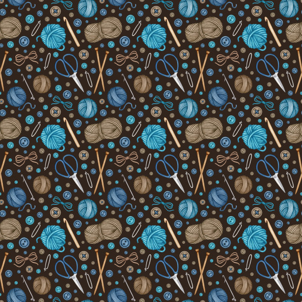 水彩编织和钩针工具无缝图案。采购产品羊毛纱线绞，球，木制编织针，钩针，剪刀。手绘背景图片下载