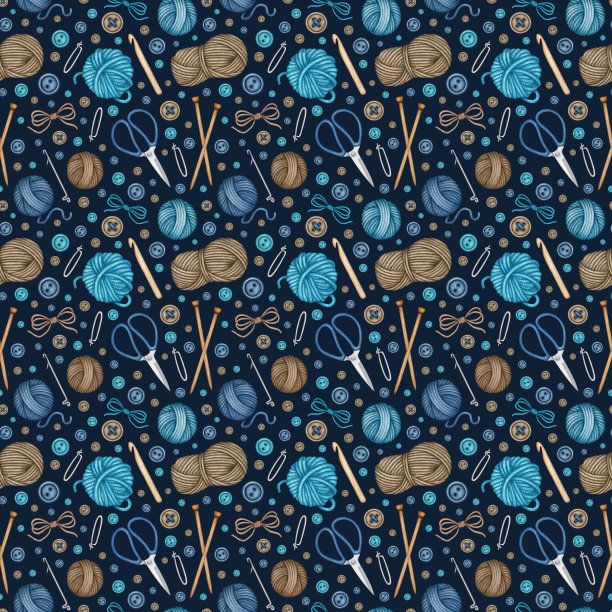 水彩编织和钩针工具无缝图案。采购产品羊毛纱线绞，球，木制编织针，钩针，剪刀。手绘背景图片下载