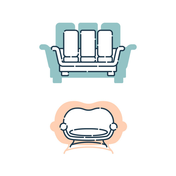 两个舒服的带枕头的沙发。平面插图与沙发在形状的背景。现代时尚的休闲对象。线条艺术风格的沙发形象。室内元素家具图片下载