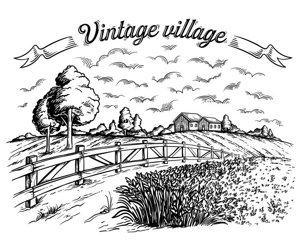 农村的田野上有成熟的小麦，背景是磨坊和栅栏，云朵。图片下载