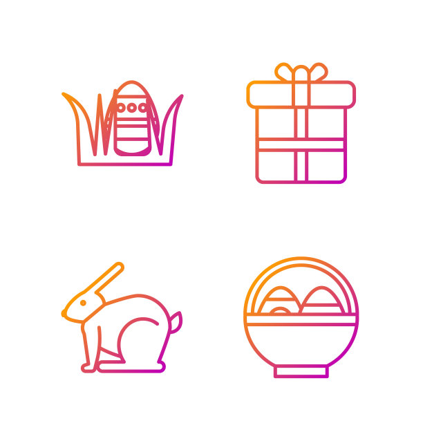 套线篮子与复活节蛋，复活节兔子，复活节蛋和礼品盒。渐变颜色图标。向量图片下载