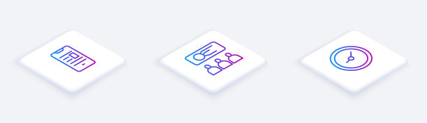 设置手机等距线在线书，培训，演示和时钟。白色正方形按钮。向量图片下载