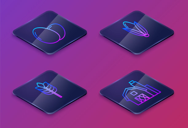 2.5D鸡蛋谷物（稻麦玉米燕麦黑麦）和农舍概念图标矢量图。蓝色方形按钮图片下载