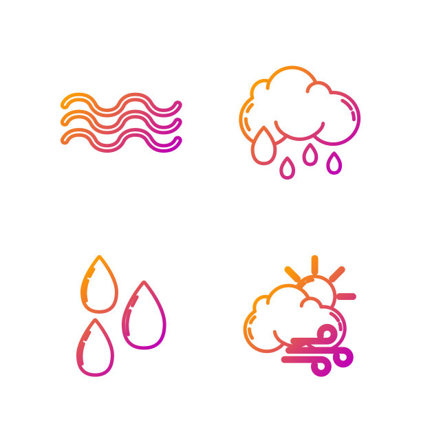 有风的天气，水滴，海浪和云与雨。渐变颜色图标。向量图片下载