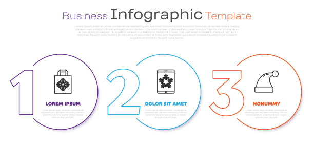 集圣诞购物纸袋、圣诞智能手机、雪花和圣诞老人帽于一体。业务信息模板。向量图片下载