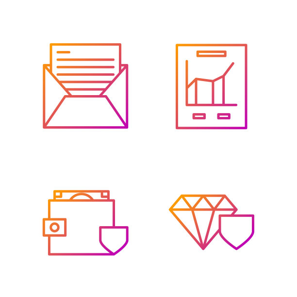 设置线钻石与盾牌，钱包和金钱与盾牌，邮件和电子邮件和文件与图表。渐变颜色图标。向量图片下载