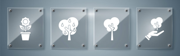 树在手中环保，树，树与梨和花在锅。方形玻璃板。向量图片下载