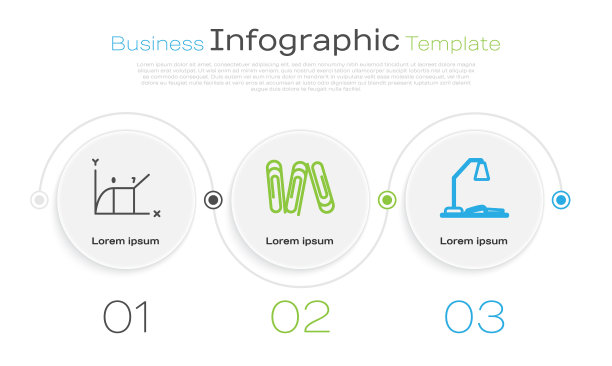 设置直线饼图信息图，曲别针和工作场所与台灯和打开的书。业务信息模板。向量图片下载