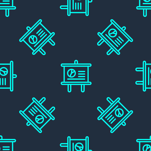 绿线展示板与图形，时间表，图表，图表，信息图，饼图图标隔离无缝模式在蓝色背景。向量图片下载