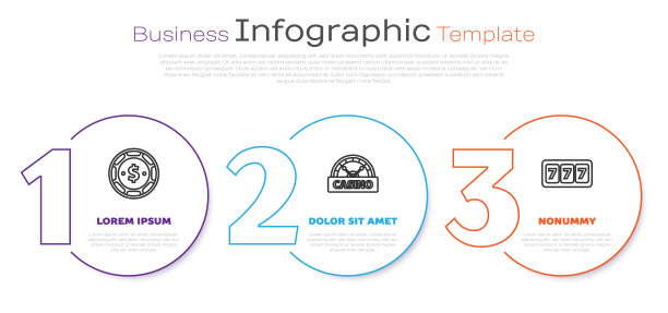 设置线赌场筹码与美元，赌场招牌和老虎机与幸运七头奖。业务信息图模板。向量图片下载