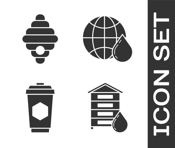 设置蜂巢为蜜蜂，蜂巢为蜜蜂，一杯茶与蜂蜜和蜂巢地图的世界图标。向量图片下载