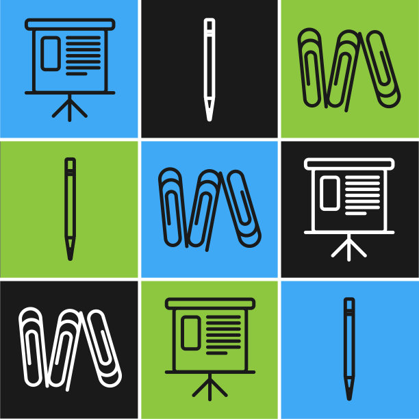 设置线展示财务板与图表，时间表，图表，图表，信息图，饼图，曲别针和铅笔与橡皮图标。向量图片下载