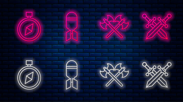 设置路线航空炸弹，十字中世纪斧头，指南针和十字中世纪剑。砖墙上发光的霓虹灯图标。向量图片下载
