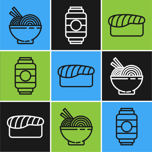 设置生产线亚洲面条在碗和筷子，寿司和日本纸灯笼图标。向量图片下载